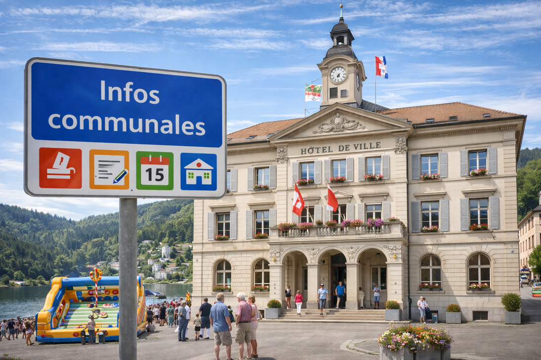 Bâtiment communal et panneaux d’information